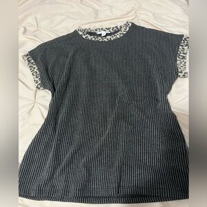 Women's Black Pinstripe Tee with Leopard Trim
